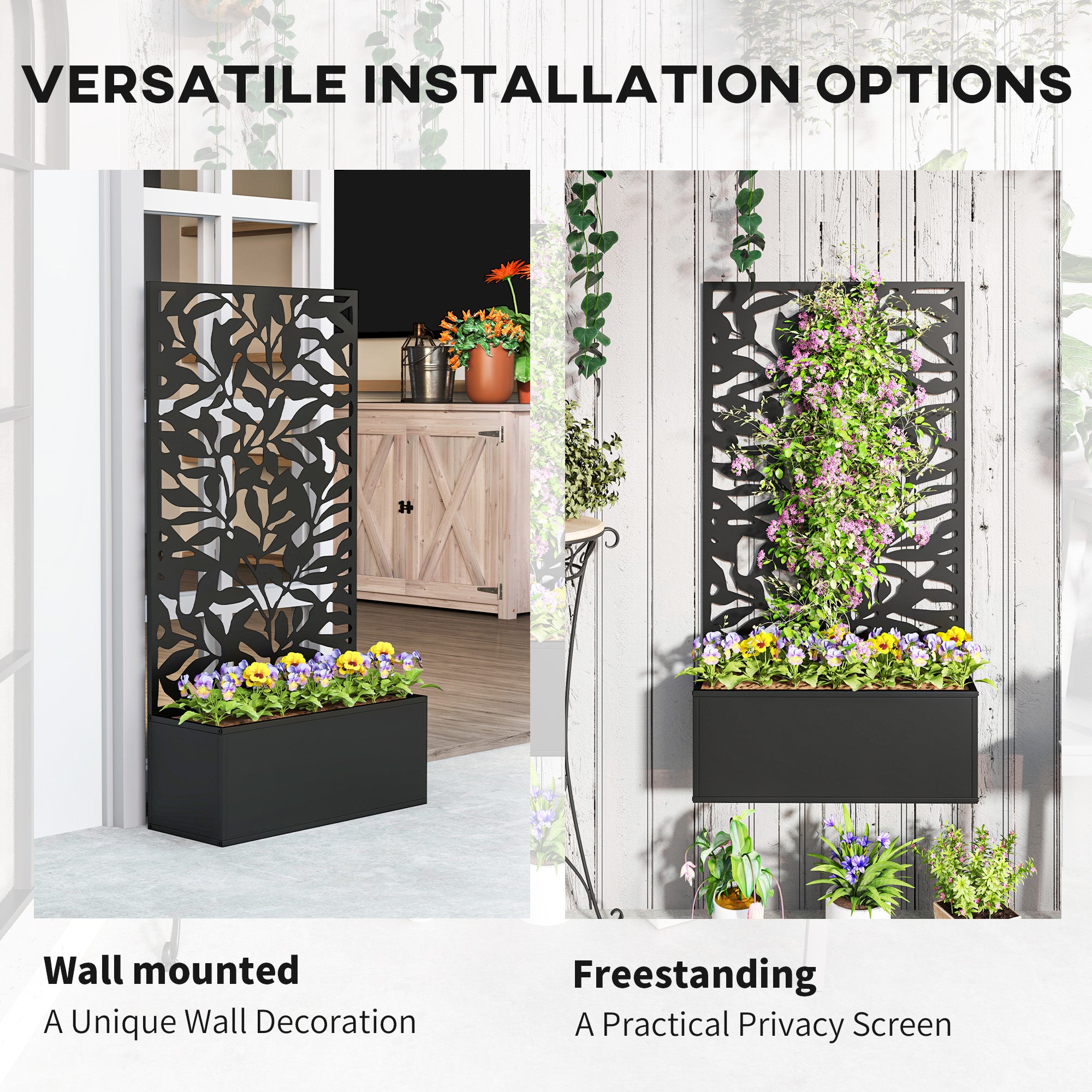 Outsunny Metal Garden Bed with Trellis, Wall Mounted or Freestanding Raised Planter with Privacy Panel, Black 