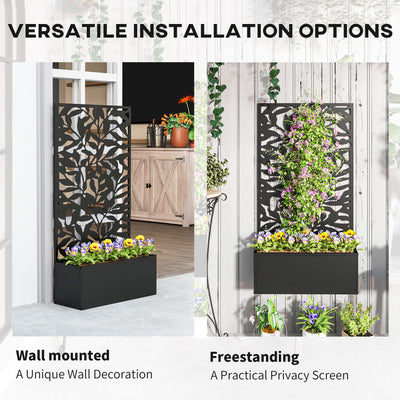 Outsunny Metal Garden Bed with Trellis, Wall Mounted or Freestanding Raised Planter with Privacy Panel, Black 