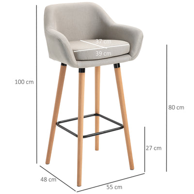 HOMCOM Set of 2 Bar Stools Modern Upholstered Seat Bar Chairs w/ Metal Frame, Solid Wood Legs Living Room Dining Room Fabric Furniture - Beige 