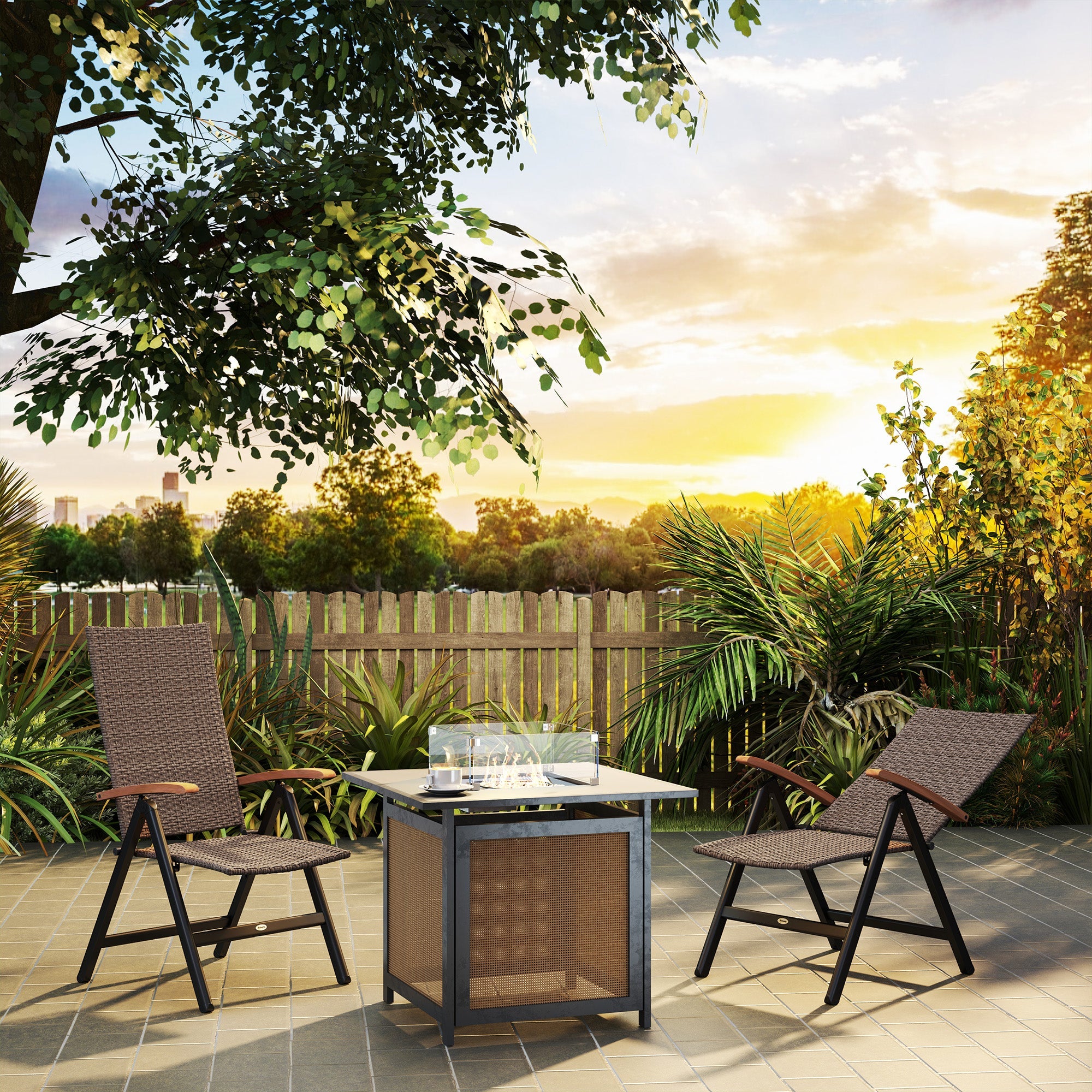 Outsunny 2 Pieces Outdoor Foldable Dining Chair with Armrests, High Backrest, for Garden, Camping, Balcony, Brown 