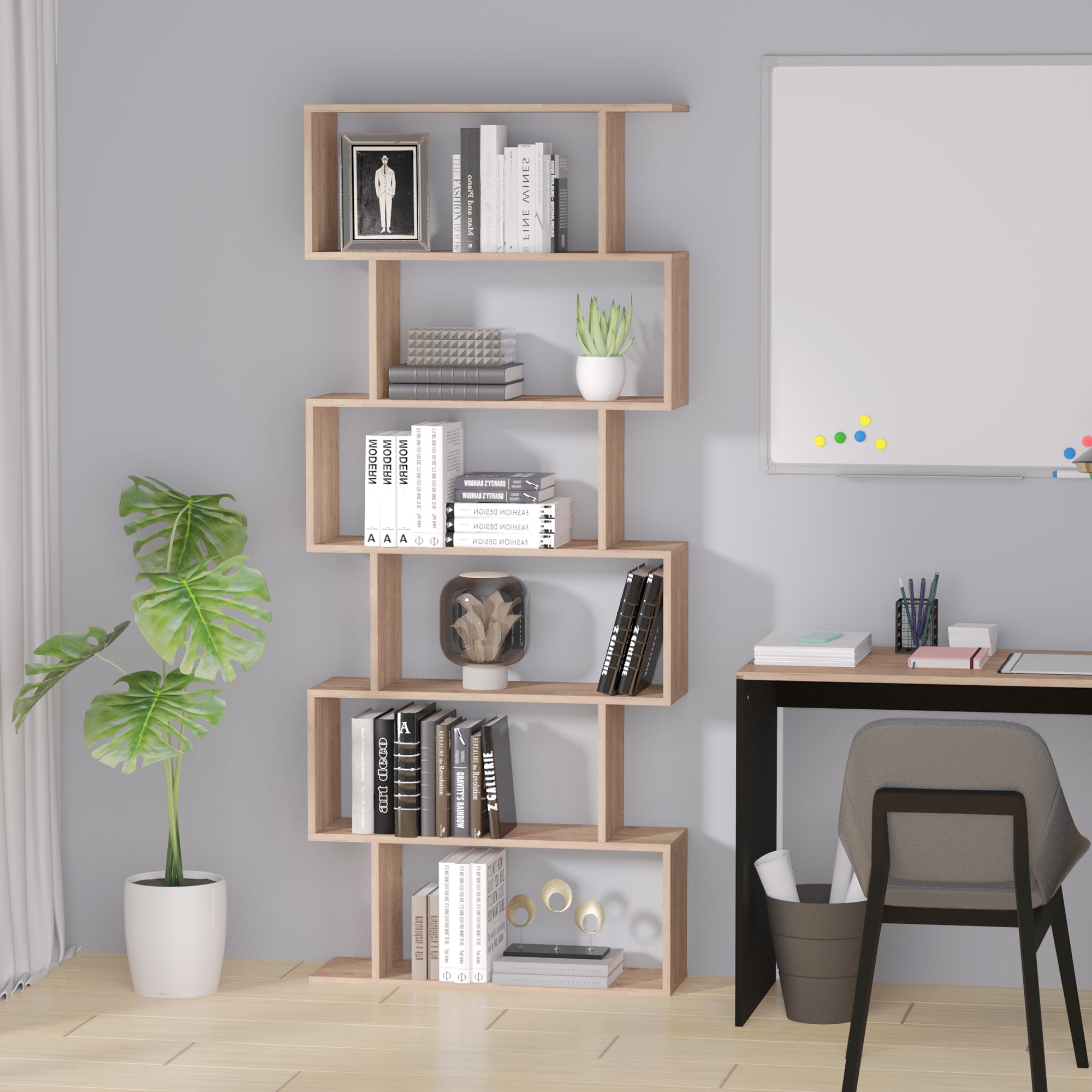 HOMCOM Bookcase, 6 Tier Shelf S Shaped Bookshelf, Storage Unit, Display Shelf for Living Room, Bedroom, Home Office, Plant, Maple 