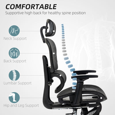 HOMCOM Executive Office Chair, Ergonomic Mesh High Back Desk Chair with Lumbar Support, Reclining Function, Swivel Computer Chair with 3D Armrest, Headrest, Footrest, Black 