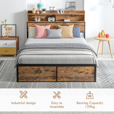 HOMCOM Industrial Double Bed Frame, 4.8FT Steel Bed Base with Storage Headboard, Footboard, Slatted Support and Under Bed Storage, 145 x 209cm, Rustic Brown 