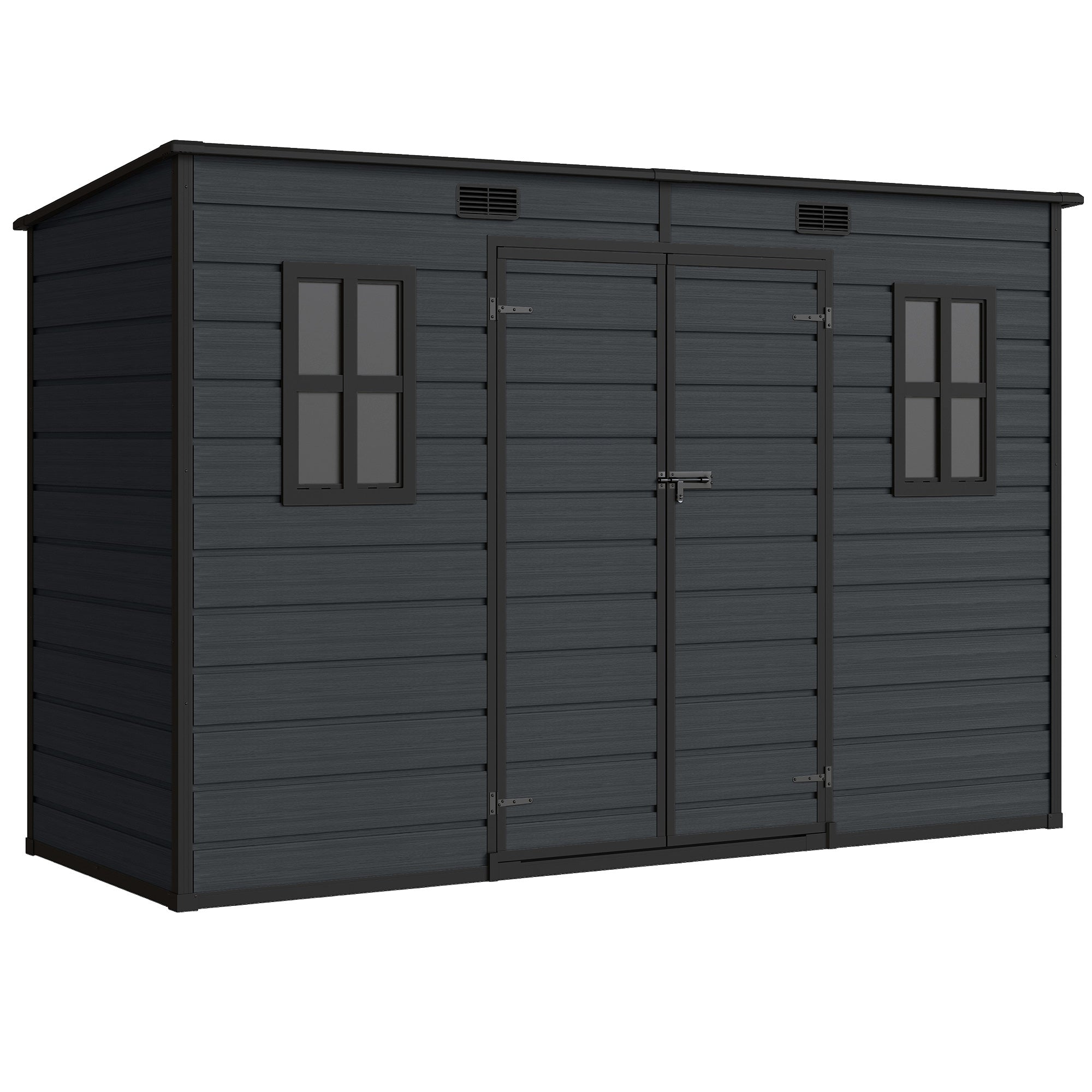 Outsunny 10 x 4 ft Resin Garden Shed, Outdoor Storage Shed with Floor, Windows, Lockable Doors and Vents, Dark Grey 