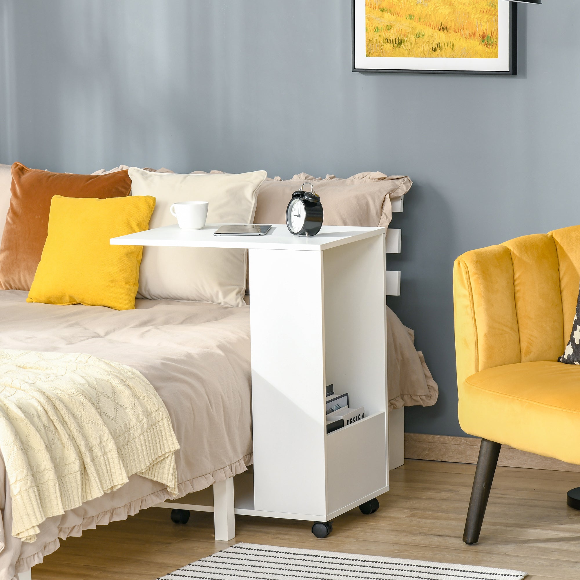 HOMCOM Mobile Sofa Side Table C-Shape End Table with Storage and Casters for Laptop Coffee Snack, White 