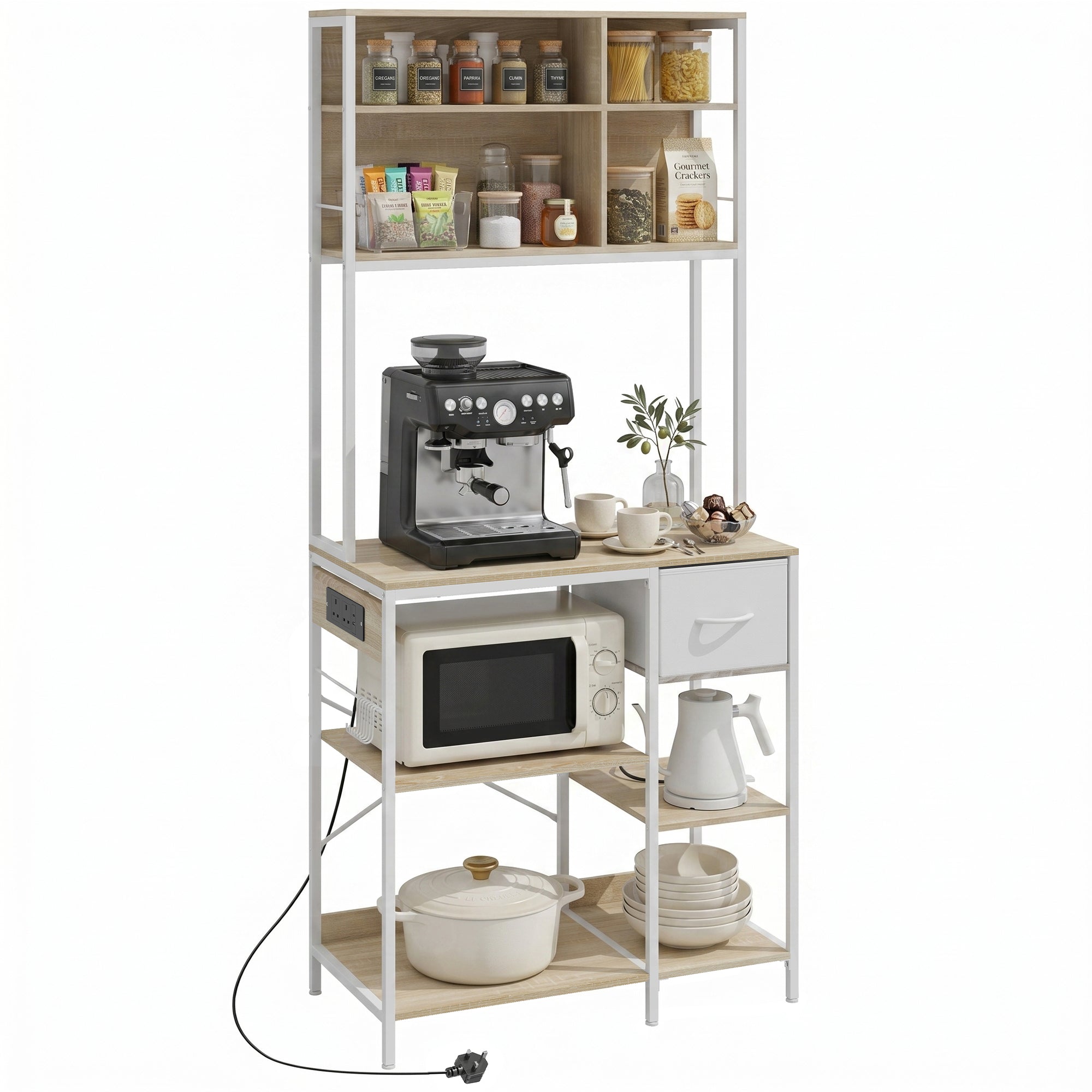 HOMCOM Kitchen Baker's Rack, Microwave Stand with Storage Shelves and 6 Hooks for Small Spaces