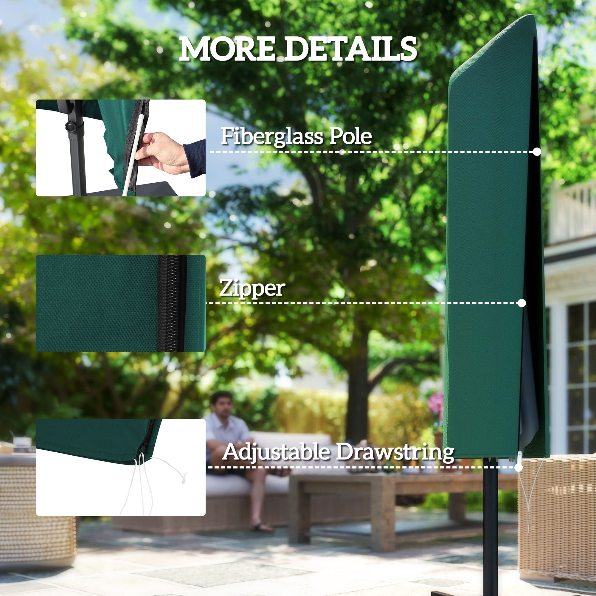 Outsunny Garden Parasol Cover, Outdoor Patio Umbrella Protector Weatherproof Garden Patio for 2-4.6m Parasol, Dark Green 