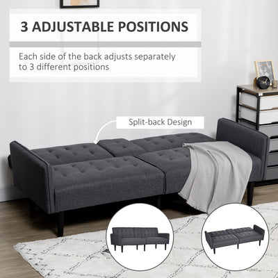 HOMCOM Upholstered Click Clack Sofa Bed, Linen-Feel 3 Seater Sofa Bed with Storage and Cupholders, Grey 