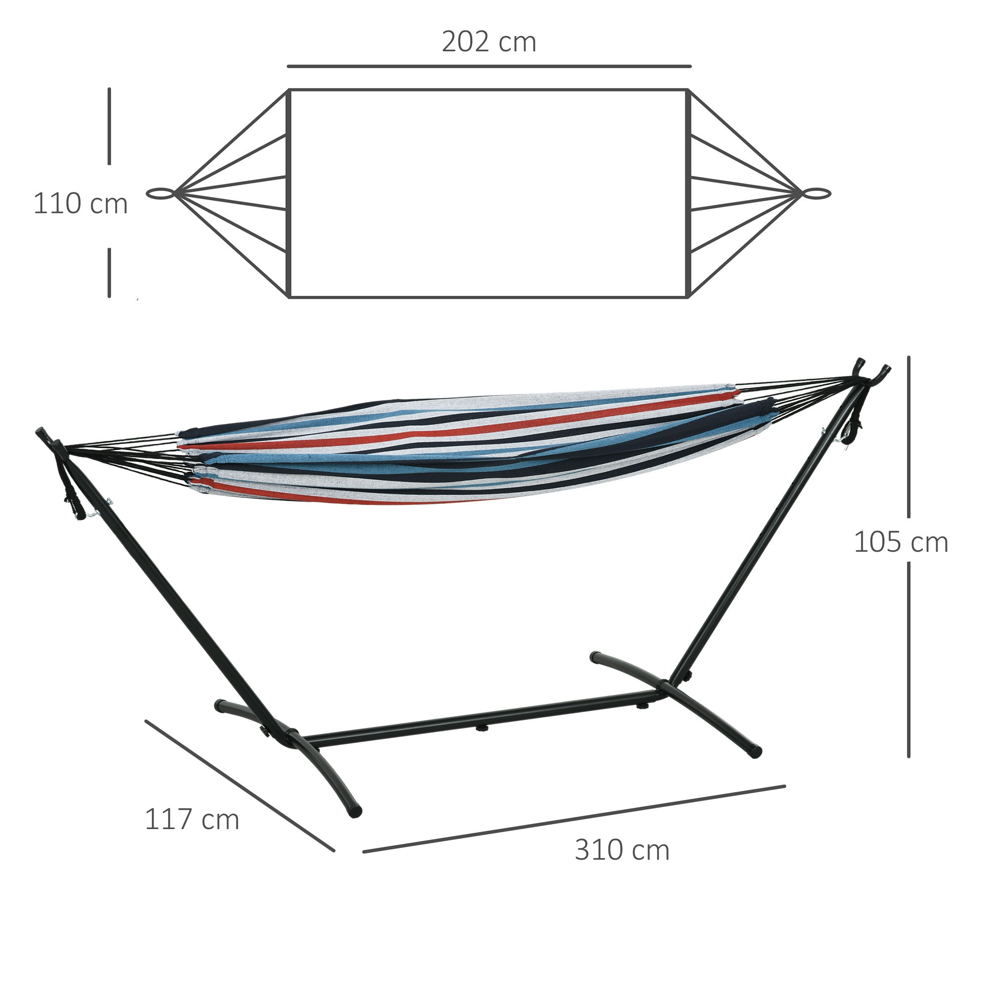 Outsunny 298 x 117cm Hammock with Stand Camping Hammock with Portable Carrying Bag, Adjustable Height, 120kg Load Capacity, White Stripe 