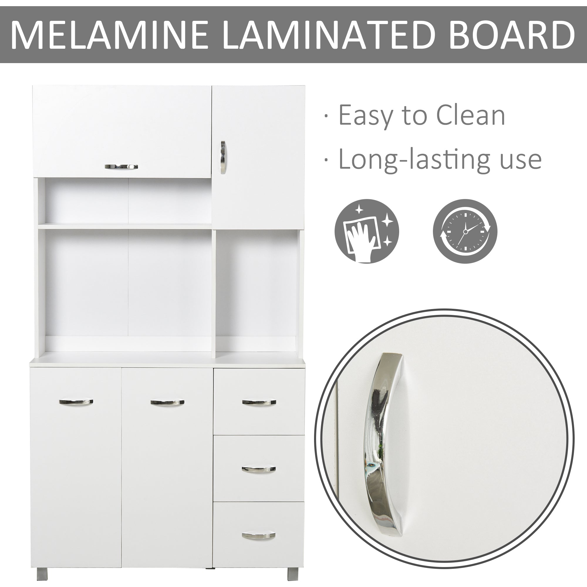 HOMCOM Kitchen Cupboard, 183cm Tall Storage Cabinet with Countertop, Sideboard with 3 Drawers, 4 Doors and Open Shelves, 100W x 39.5D x 183.5H cm, White 