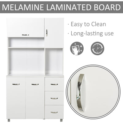 HOMCOM Kitchen Cupboard, 183cm Tall Storage Cabinet with Countertop, Sideboard with 3 Drawers, 4 Doors and Open Shelves, 100W x 39.5D x 183.5H cm, White 