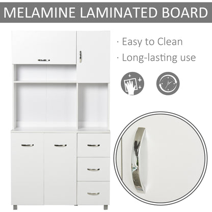 HOMCOM Kitchen Cupboard, 183cm Tall Storage Cabinet with Countertop, Sideboard with 3 Drawers, 4 Doors and Open Shelves, 100W x 39.5D x 183.5H cm, White 
