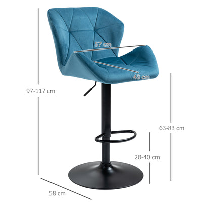 HOMCOM Bar Stools Set Of 2, Luxurious Velvet-Touch Barstools with Metal Frame Footrest Round Base Triangle Indenting Moulded Seat Adjustable Height Swivel Blue 