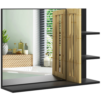 HOMCOM Bamboo Panel Bathroom Mirror, with Shelves 