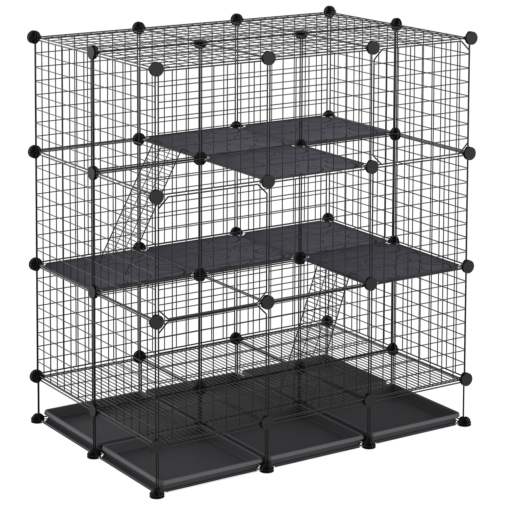 PawHut 3 Level DIY Pet Playpen Metal Small Animal Cage Rabbit Ferret Chinchillas Cage 4 Doors Bottom Trays Black 