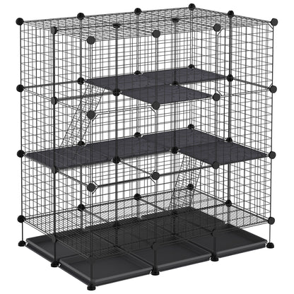 PawHut 3 Level DIY Pet Playpen Metal Small Animal Cage Rabbit Ferret Chinchillas Cage 4 Doors Bottom Trays Black 