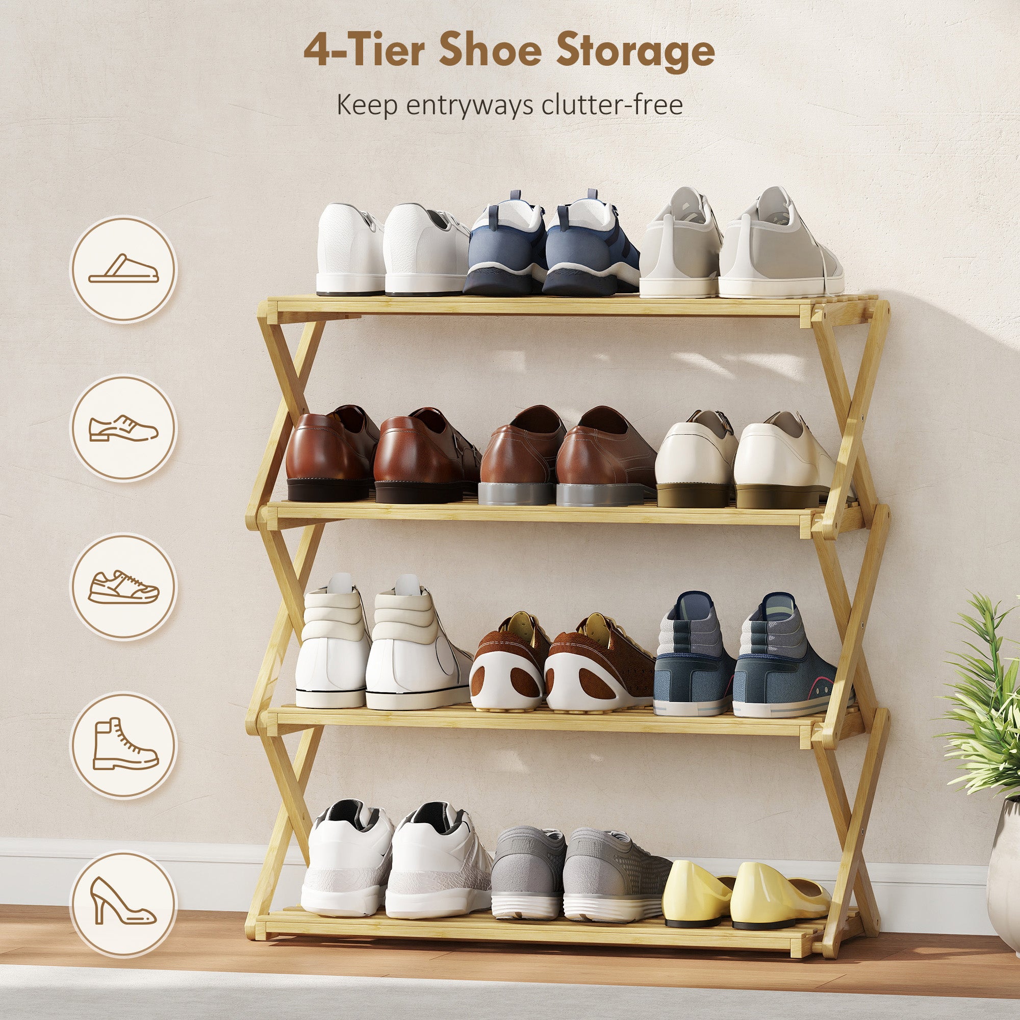 HOMCOM Four-Tier Folding Bamboo Shoe Rack - Natural Finish 