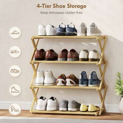 HOMCOM Four-Tier Folding Bamboo Shoe Rack - Natural Finish 