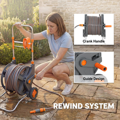 Outsunny Hose Reel Cart with Wheels, 45+2m Garden Hose Reel with 2 Patterns Nozzle, Faucet Adaptors and Rewind Handle, Orange 