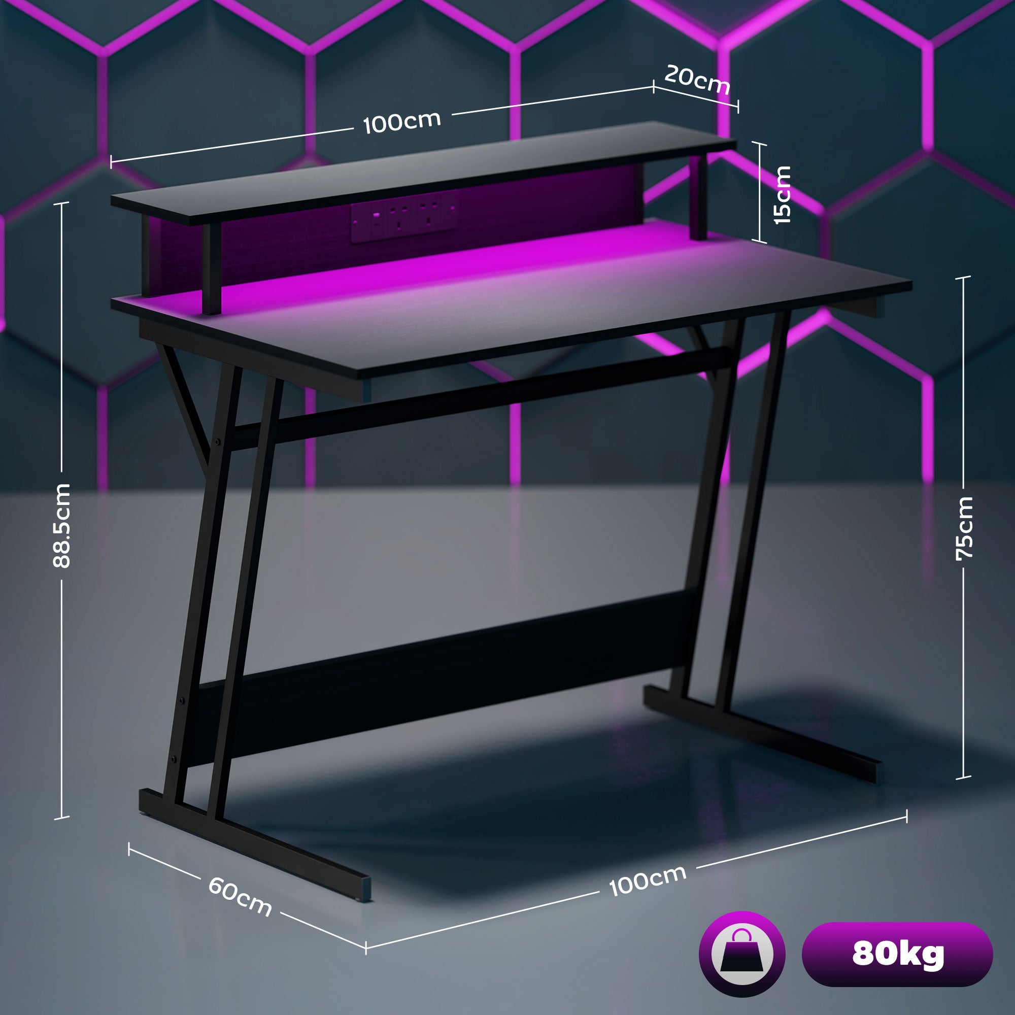 HOMCOM Gaming Desk with LED Lights and Power Outlets, 100 x 60cm Z Shaped Computer Desk with Monitor Stand and Steel Frame, PC Gaming Table for Home Office, Black 