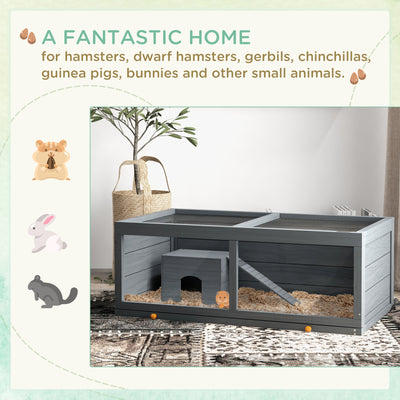 PawHut Wooden Hamster Cage with Sliding Tray, Openable Top, Hut for Syrian Hamsters, Grey 