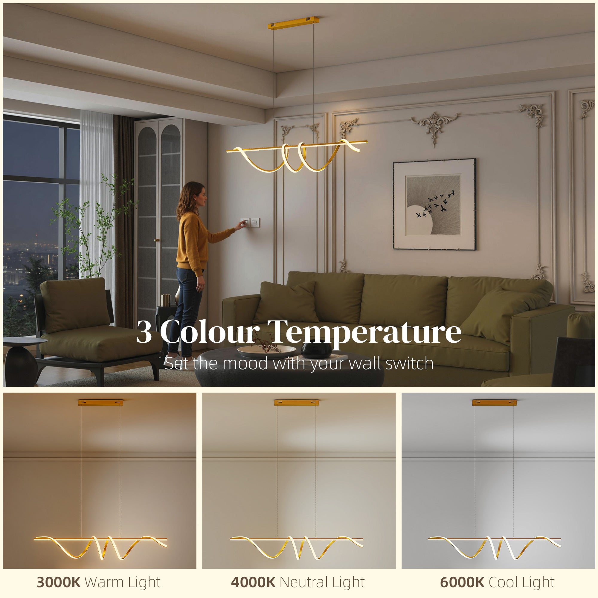 HOMCOM Pendant Light with 3 Colour Temperatures - Gold Tone 