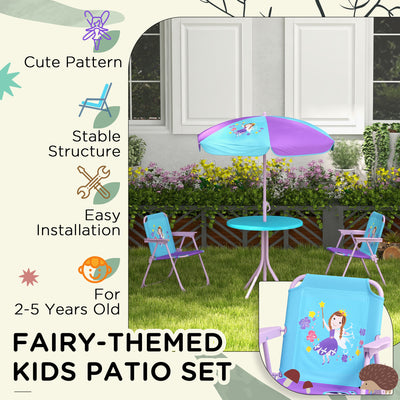 Outsunny Kids Picnic Table and Chair Set, Fairy Themed Outdoor Garden Furniture w/ Foldable Chairs, Adjustable Parasol 