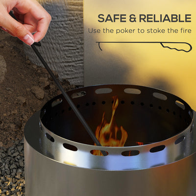 Outsunny Smokeless Fire Pit, 48.5cm Portable Wood Burning Firepit with Poker for Garden Camping Bonfire Party, Stainless Steel, Silver 