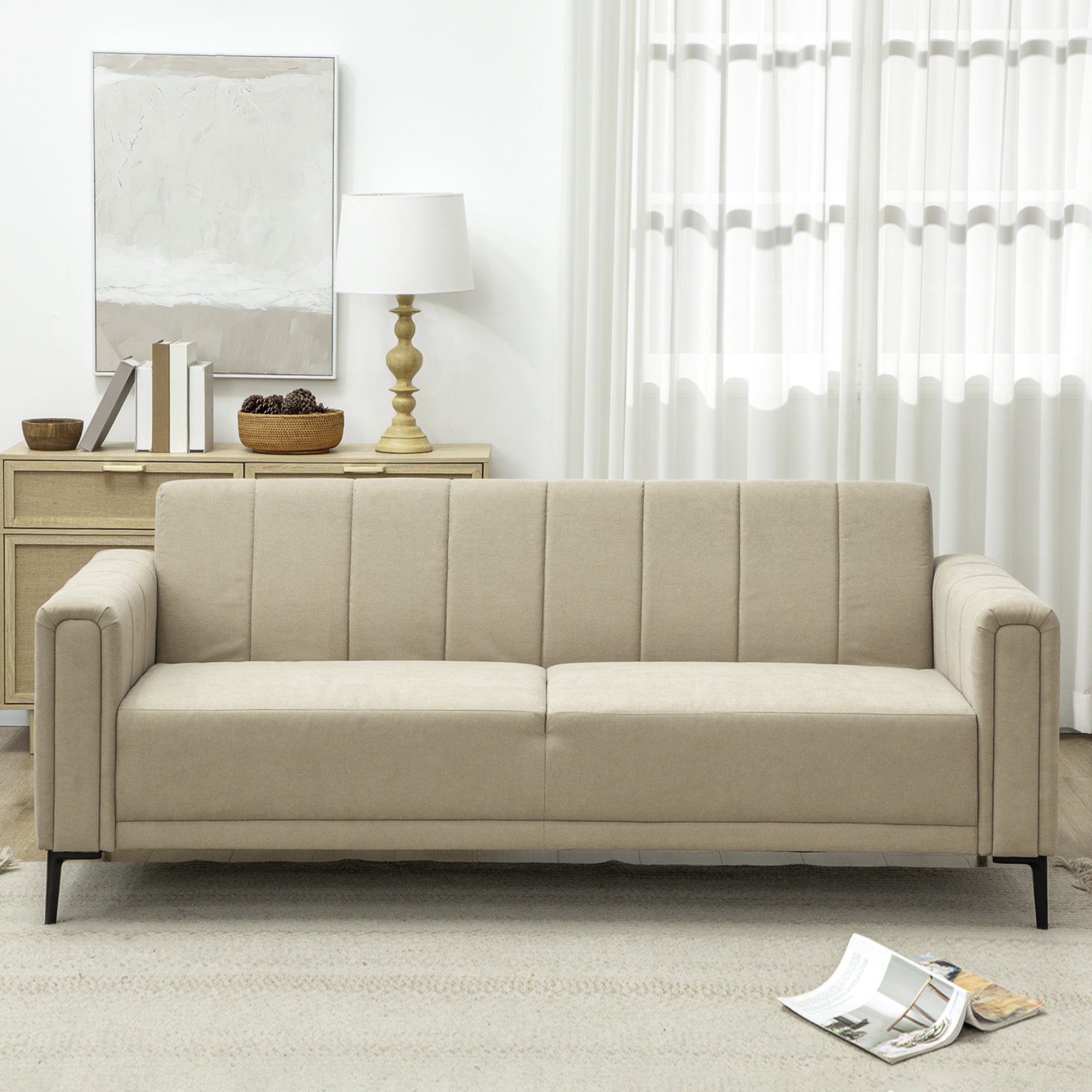 HOMCOM 3 Seater Sofa, Modern Fabric Sofa Couch, Channel Tufted Upholstered Sofa Settee for Living Room, Guest Room, Bedroom, Home Office, Khaki 