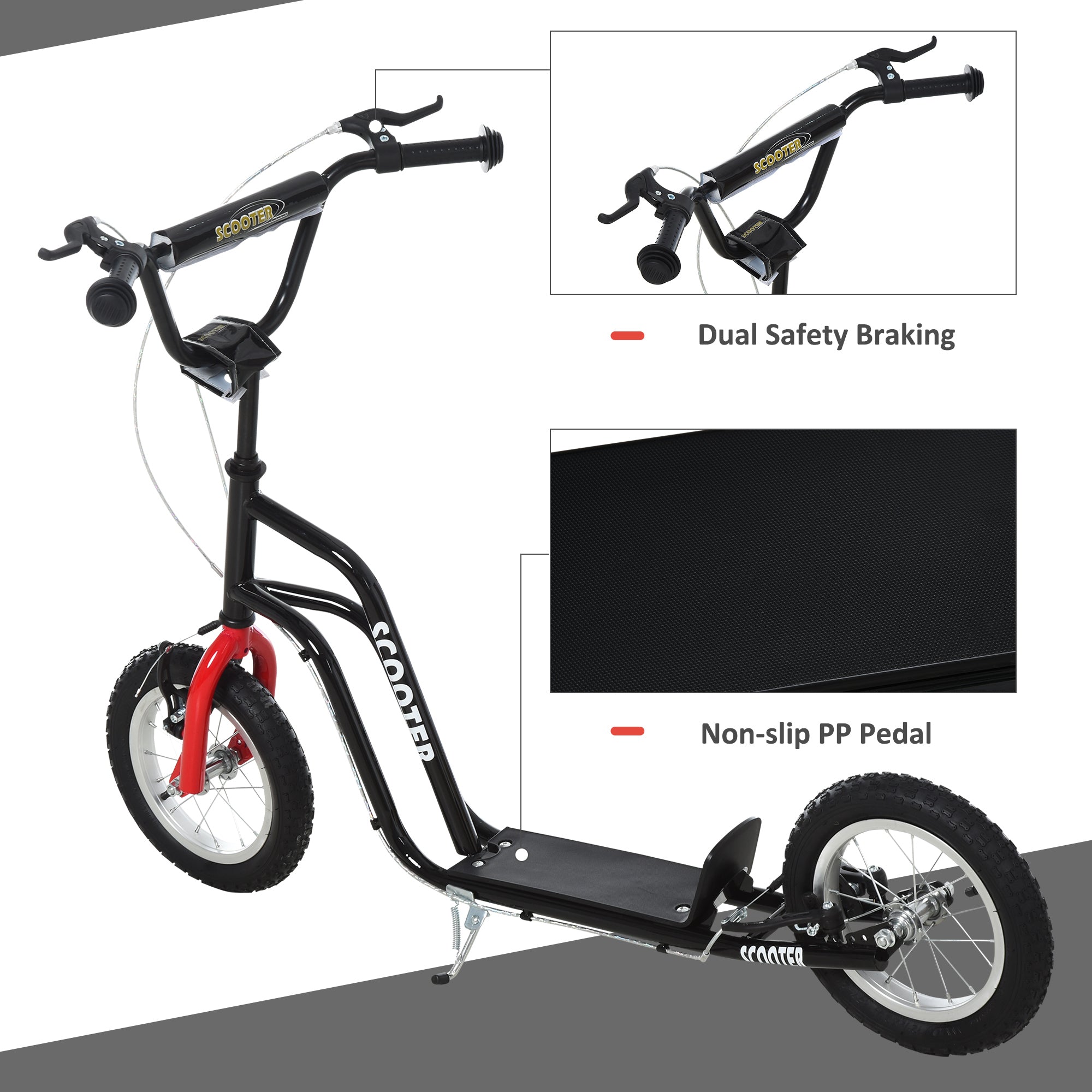 HOMCOM Stunt Scooter, Kids Scooter, 12'' Rubber Tyre Kick Scooter with Adjustable Handlebar, Dual Brakes, Black 