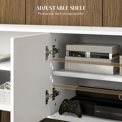 HOMCOM TV Stand with Cupboard, Open Shelves, Striped Doors, Wooden legs, White 