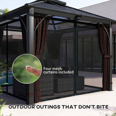 Outsunny 3 x 3(m) Hardtop Gazebo Canopy with 7mm Double Polycarbonate Roof, Garden Gazebo Permanent Pavilion with Mosquito Netting and Curtains for Patio, Deck, Brown 