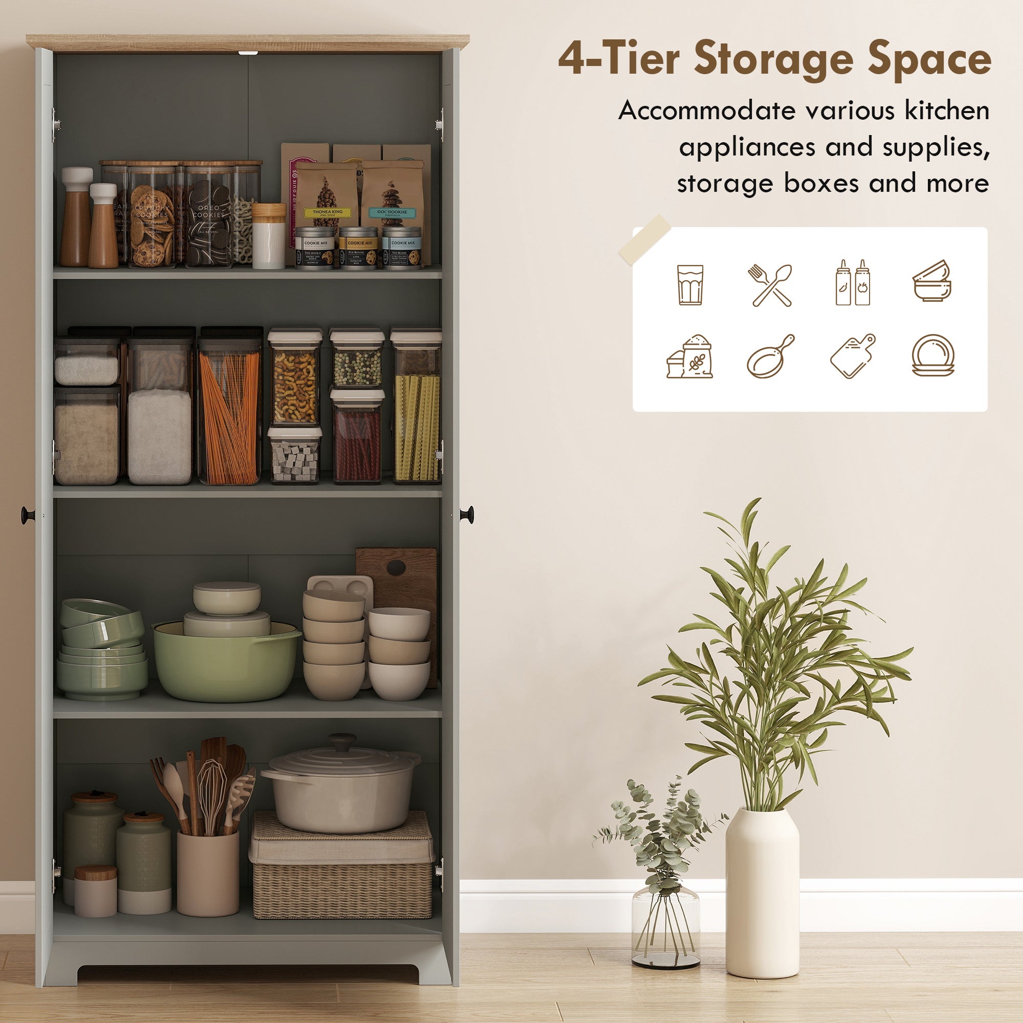 HOMCOM Kitchen Cupboard, 172cm Freestanding Storage Cabinet with Doors and Shelves, Grey 