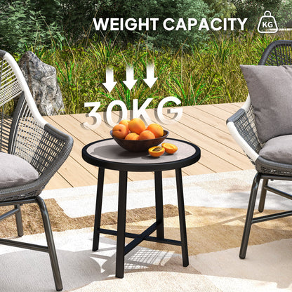 Outsunny Round Small Garden Table, 50.5cm Outdoor Side Table with SPC Tabletop, Metal Frame and Anti-slip Foot Pads for Garden, Balcony, Grey Wood Effect 