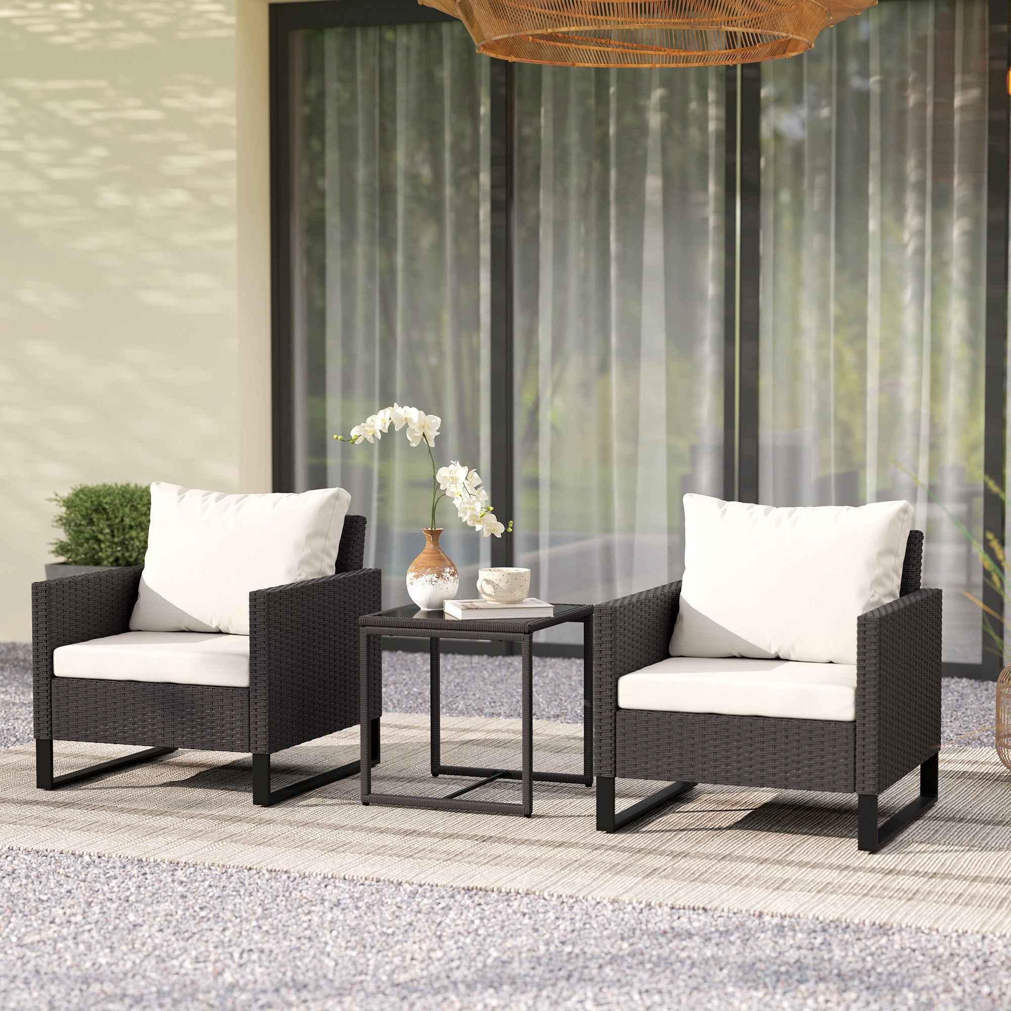 Outsunny 3 Pieces Rattan Bistro Set with 4 Cushions, Wicker Garden Furniture Set, Glass Top Coffee Table and Chairs for Outdoor Patio, Balcony, Terrace and Conservatory, Brown 