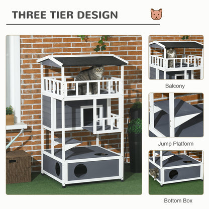 PawHut Wooden Outdoor Cat House 3-Tier for Winter Kitten Shelter Lodge w/ Tilted Roof Terrace Jump Step Bottom Tray Elevated Base Waterproof Paint Grey 