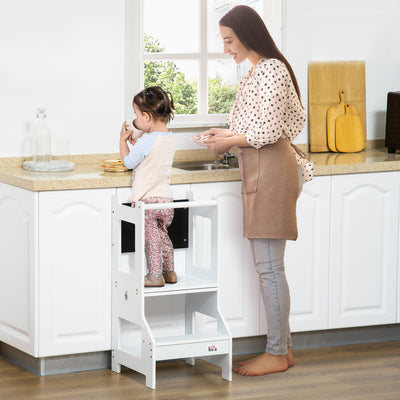 HOMCOM 2 in 1 Kids Kitchen Step Stool with Safety Rail Toddler Steps with Chalkboard for Kitchen Bathroom, White 