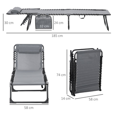 Outsunny Portable Sun Lounger Set of 2, Folding Camping Bed Cot, Reclining Lounge Chair 5-position Adjustable Backrest with Side Pocket, Pillow for Patio Garden Beach Pool, Grey 