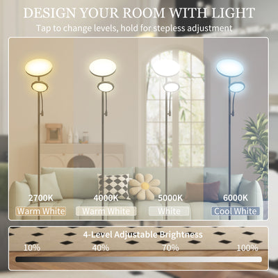 HOMCOM LED Floor Lamp for Living Room, Stepless Dimmable Standing Lamp, Mother and Child Uplighter with Reading Light, 4 Scene Modes, 2700K-6500K Colour Temps, 4 Brightness Levels, Remote Control 