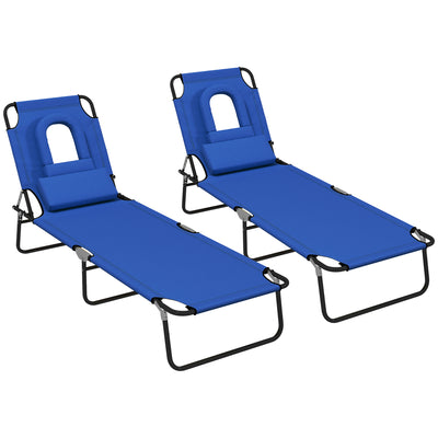 Outsunny Outdoor Foldable Sun Lounger Set of 2, 4 Level Adjustable Backrest Reclining Sun Lounger Chair with Pillow and Reading Hole, Blue 