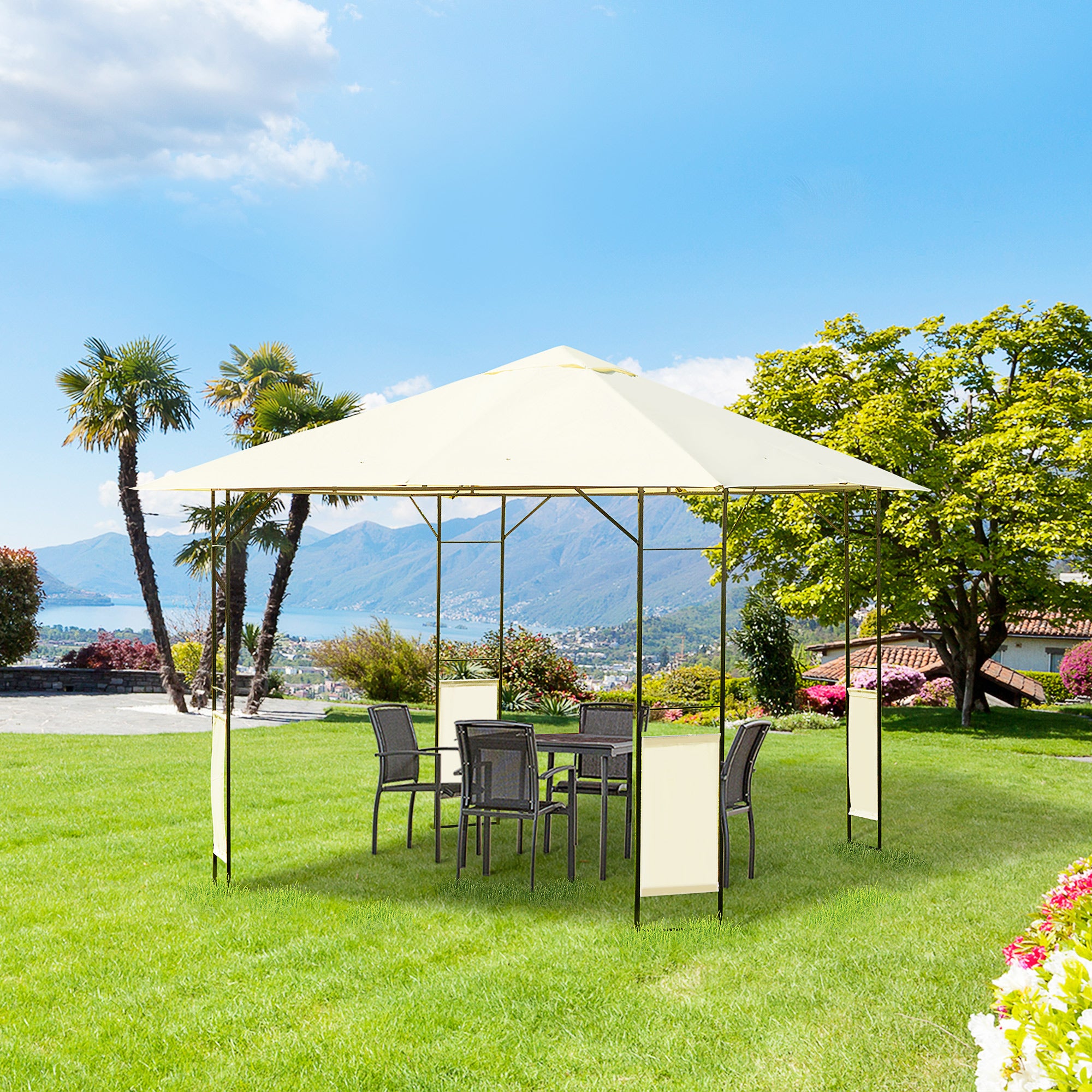 Outsunny 3 x 3 Meters Patio Garden Metal Gazebo Marquee Steel Frame with Canopy Awning Tent Water Resistant Cream 