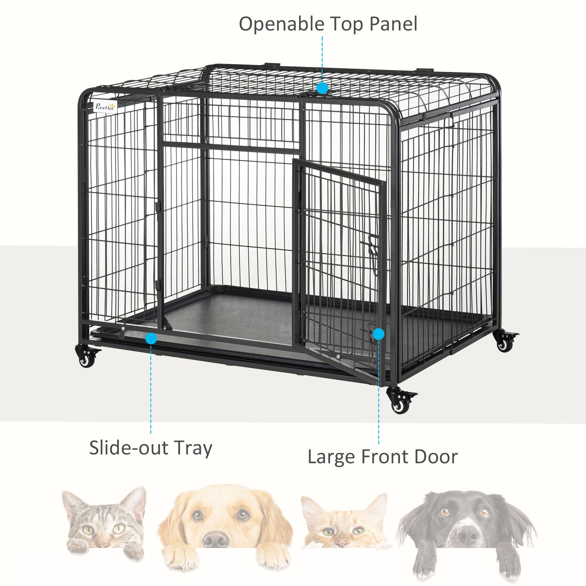 PawHut Metal Dog Cage Kennel Locking Door & Wheels Removable Tray Openable Top For Large Pets 109.5 x 71 x 78 cm 