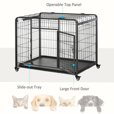 PawHut Metal Dog Cage Kennel Locking Door & Wheels Removable Tray Openable Top For Large Pets 109.5 x 71 x 78 cm 