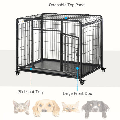 PawHut Metal Dog Cage Kennel Locking Door & Wheels Removable Tray Openable Top For Large Pets 109.5 x 71 x 78 cm 
