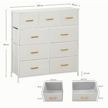HOMCOM Chest of Drawers with 9 Fabric Drawers, Boucle Storage Organiser with Steel Frame, Fabric Dresser for Bedroom, Living Room, Hallway, Cream White 