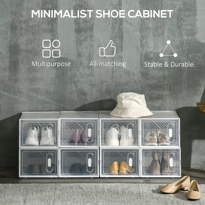 HOMCOM 8PCS Clear Shoe Box, Plastic Stackable Shoe Storage Box for UK/EU Size up to 8.5/43 with Magnetic Door for Women/Men, 25 x 35 x 19cm 