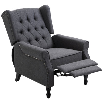 HOMCOM Recliner Armchair, Vintage Reclining Chair with Nail Head Trim, Wingback Chair with Button Tufted Back and Footrest, for Living Room, Dark Grey 