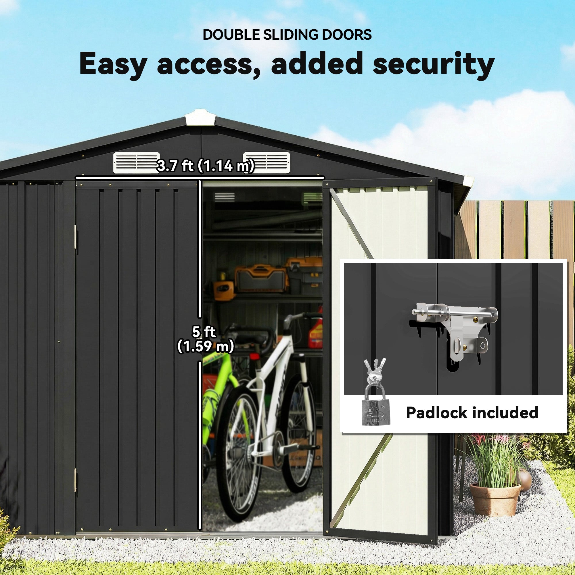 Outsunny 12 x 8 ft Garden Shed, Outdoor Storage Shed with 4 Vents and Lockable Double Doors, Dark Grey 