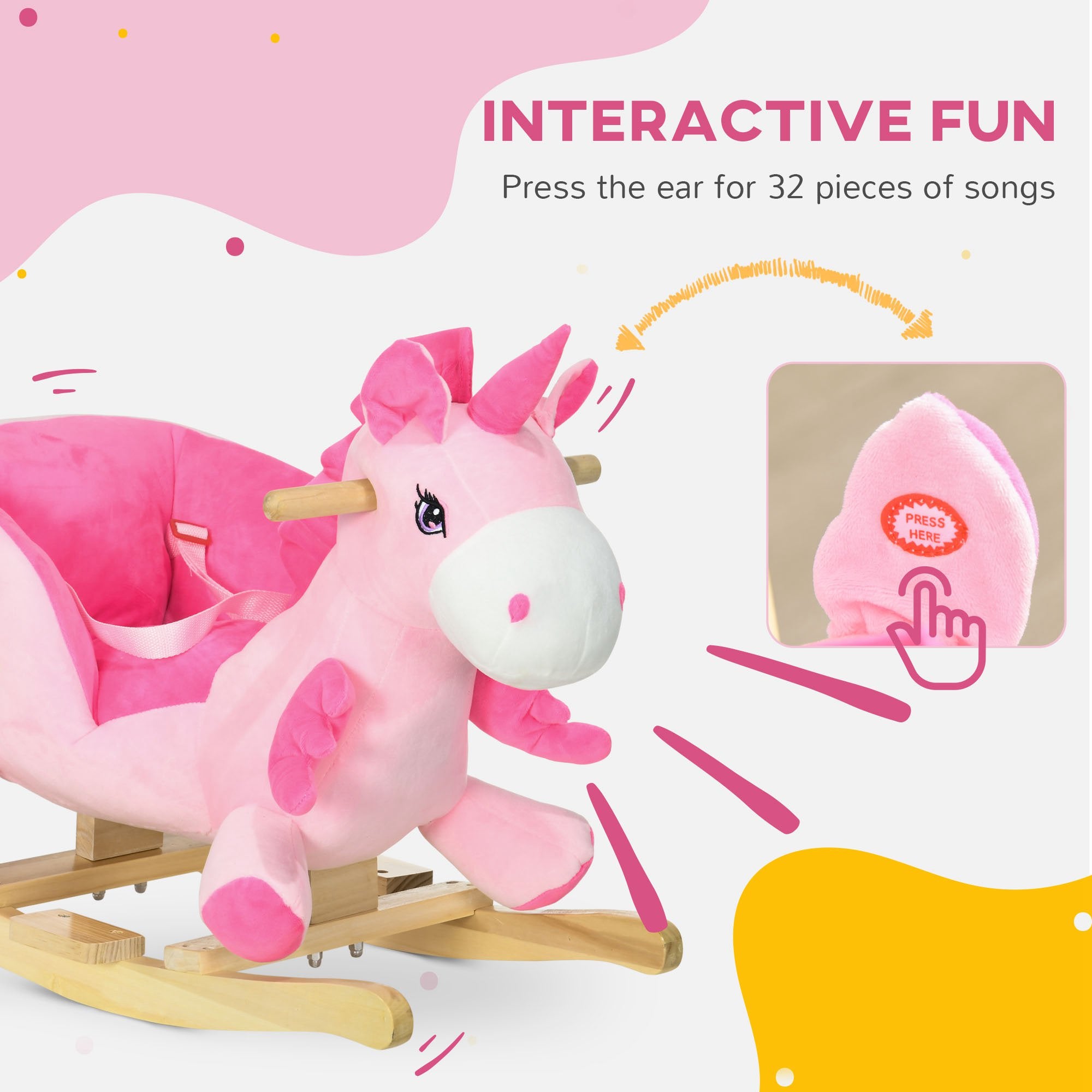 HOMCOM Kids Rocking Horse Ride on Unicorn with Songs, Wooden Base, Seatbelt, for Ages 18-36 Months, Pink 