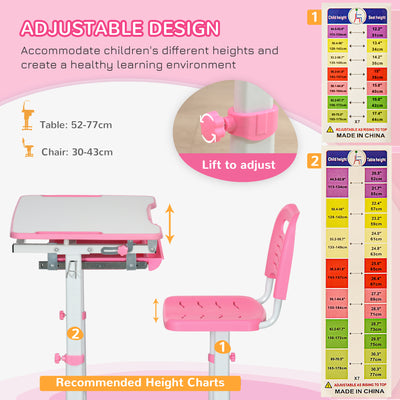 HOMCOM Kids Desk and Chair Set, Student Adjustable Writing Desk, with Drawer, Pen Slot, Hook - Pink 